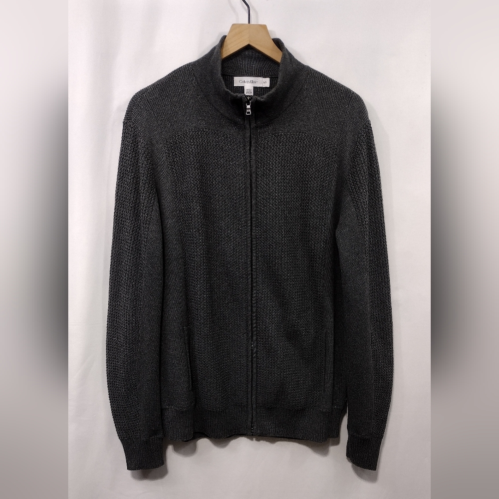 Calvin Klein Waffle Knit Front Zip Sweater Mens L Gray Minimalist Retro Boho